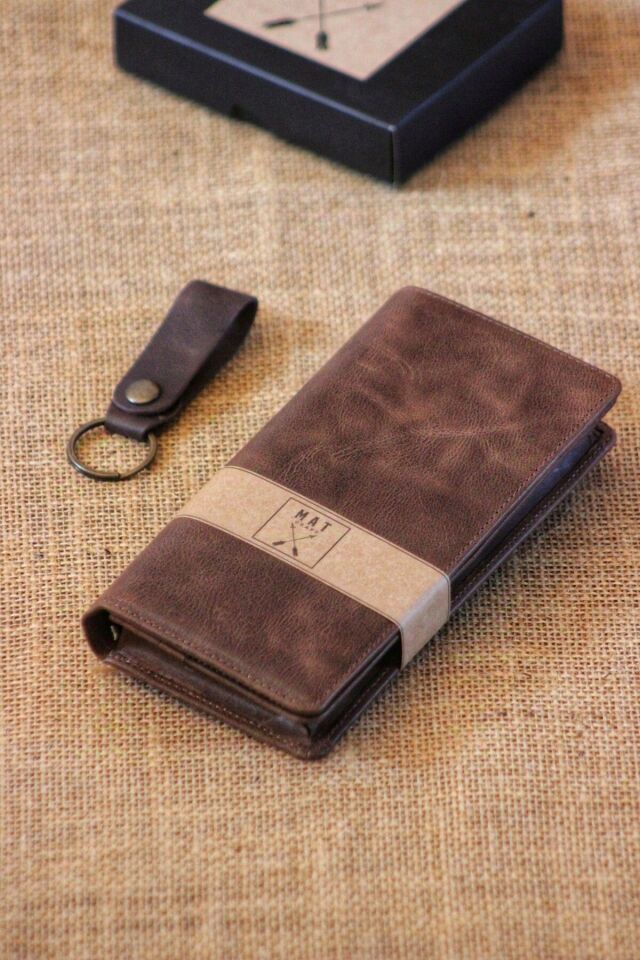 Hakiki Deri Telefon Bölmeli El Bantlı Uzun Cüzdan | Unisex | Kahverengi