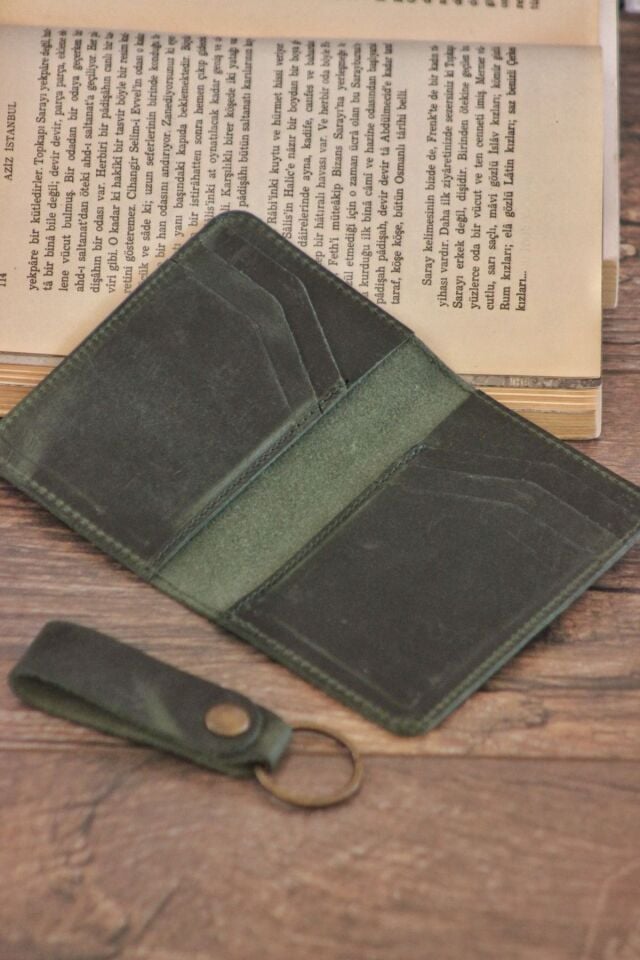 Hakiki Deri Dik Kartlık & Cüzdan | Anahtarlık Hediyeli ve Hediye Kutusunda/ Unisex / Haki