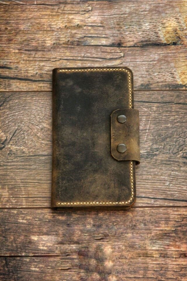 Telefon Bölmeli Gerçek Deri Cüzdan (%100 EL YAPIMI) - Abanoz - Unisex